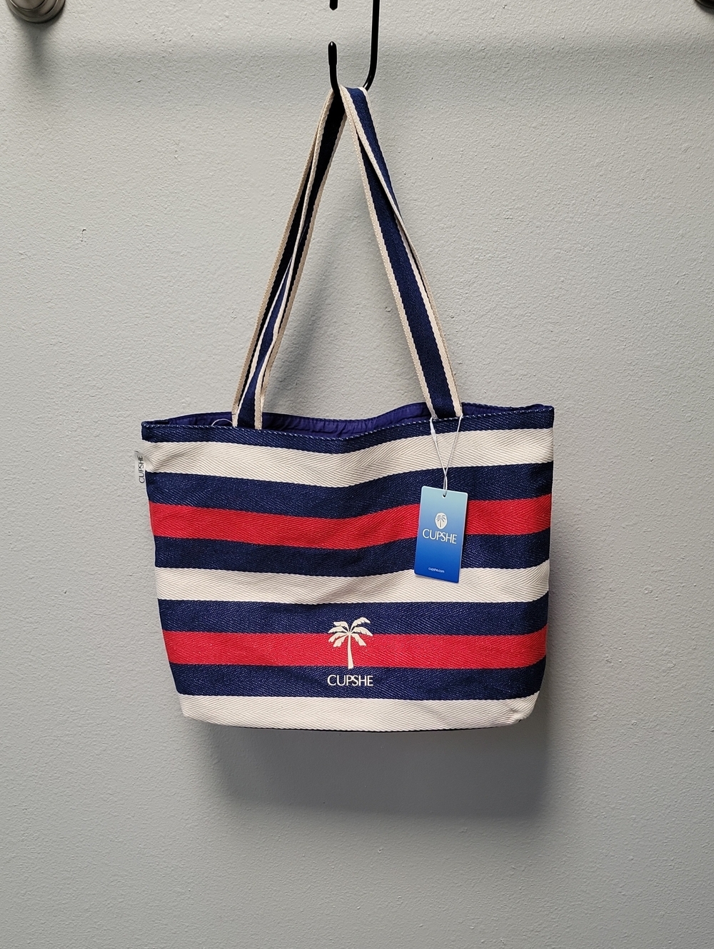 Cupshe Reversable Navy, Red & White Striped Canvas Tote with Palm Logo